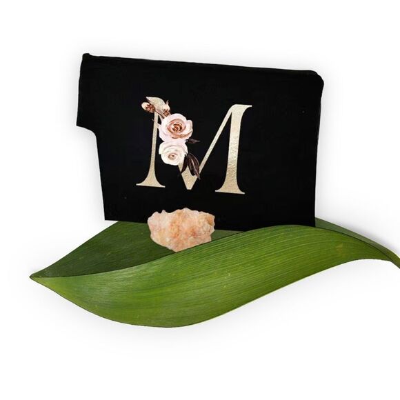 ZIP TOP BLACK COSMETIC BAG WITH INITIAL - Picture 6 of 8